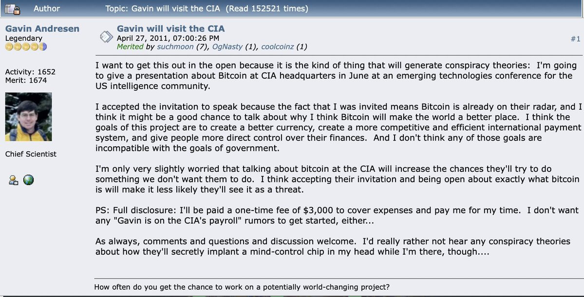 Andresen menulis tentang mendiskusikan Bitcoin dengan CIA
