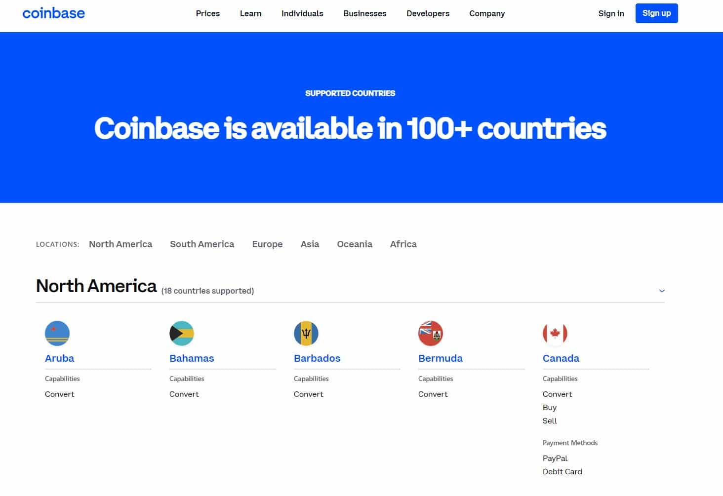 Các quốc gia được hỗ trợ bởi Coinbase