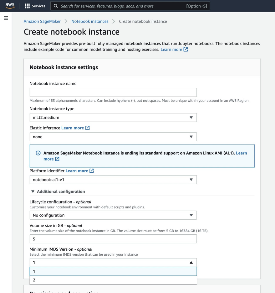 Amazon SageMaker Notebook-Instances unterstützen jetzt das Konfigurieren und Einschränken von IMDS-Versionen von PlatoBlockchain Data Intelligence. Vertikale Suche. Ai.