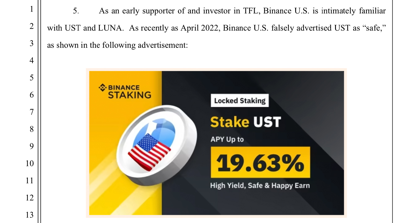 Tožba obtožuje Binance US prodaje neregistriranih vrednostnih papirjev in lažnega oglaševanja Terrinega UST kot varnega