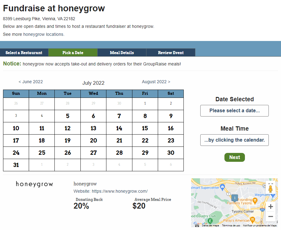 Page du calendrier de collecte de fonds Honeygrow pour juillet. Comment réserver une collecte de fonds Honeygrow