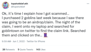 How this Goblin Town Collector Got Scammed and Lost 10 ETH PlatoBlockchain Data Intelligence. Vertical Search. Ai.