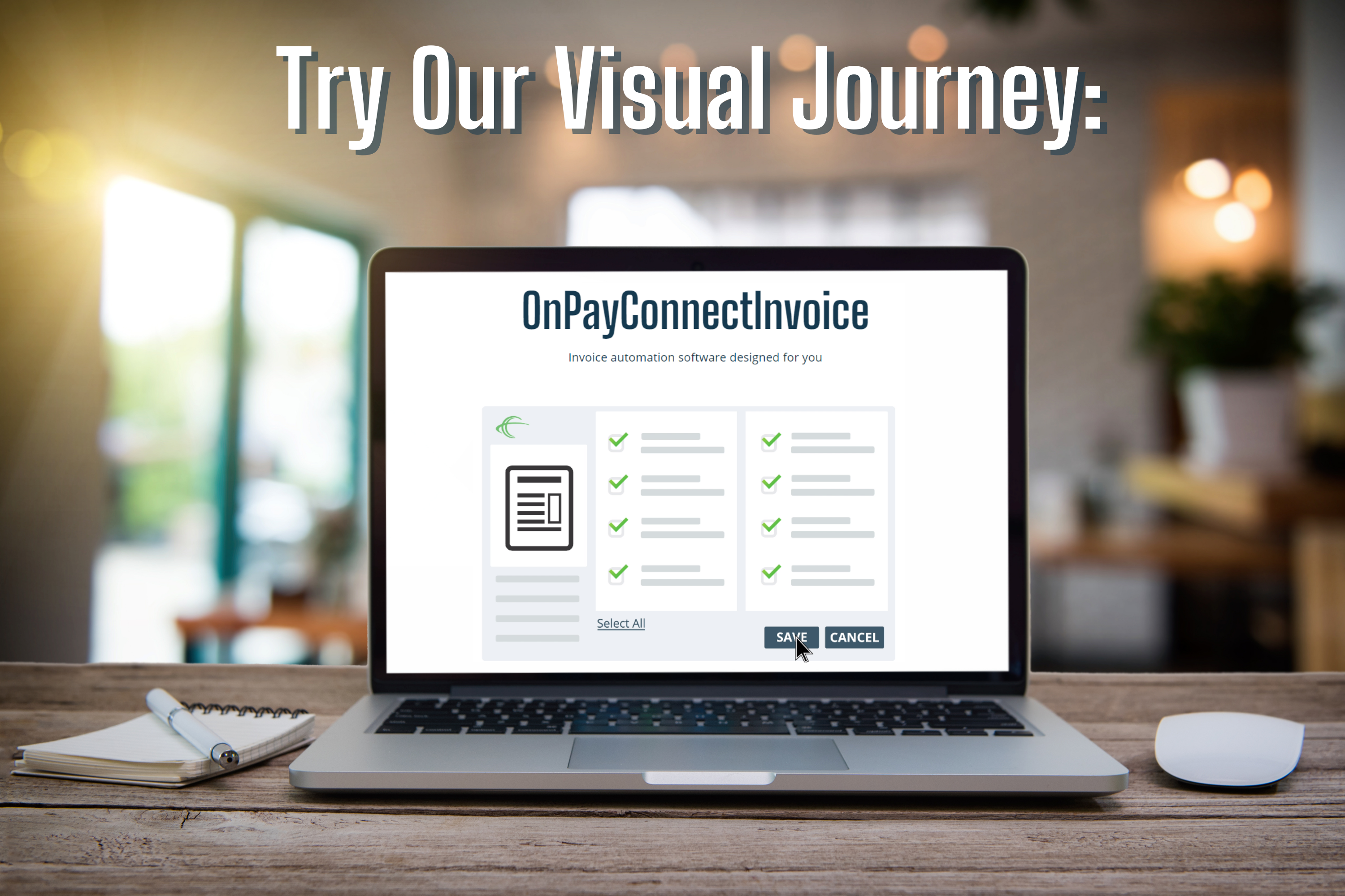 desk laptop with screen showing onpayconnectinvoice automation software visual journey
