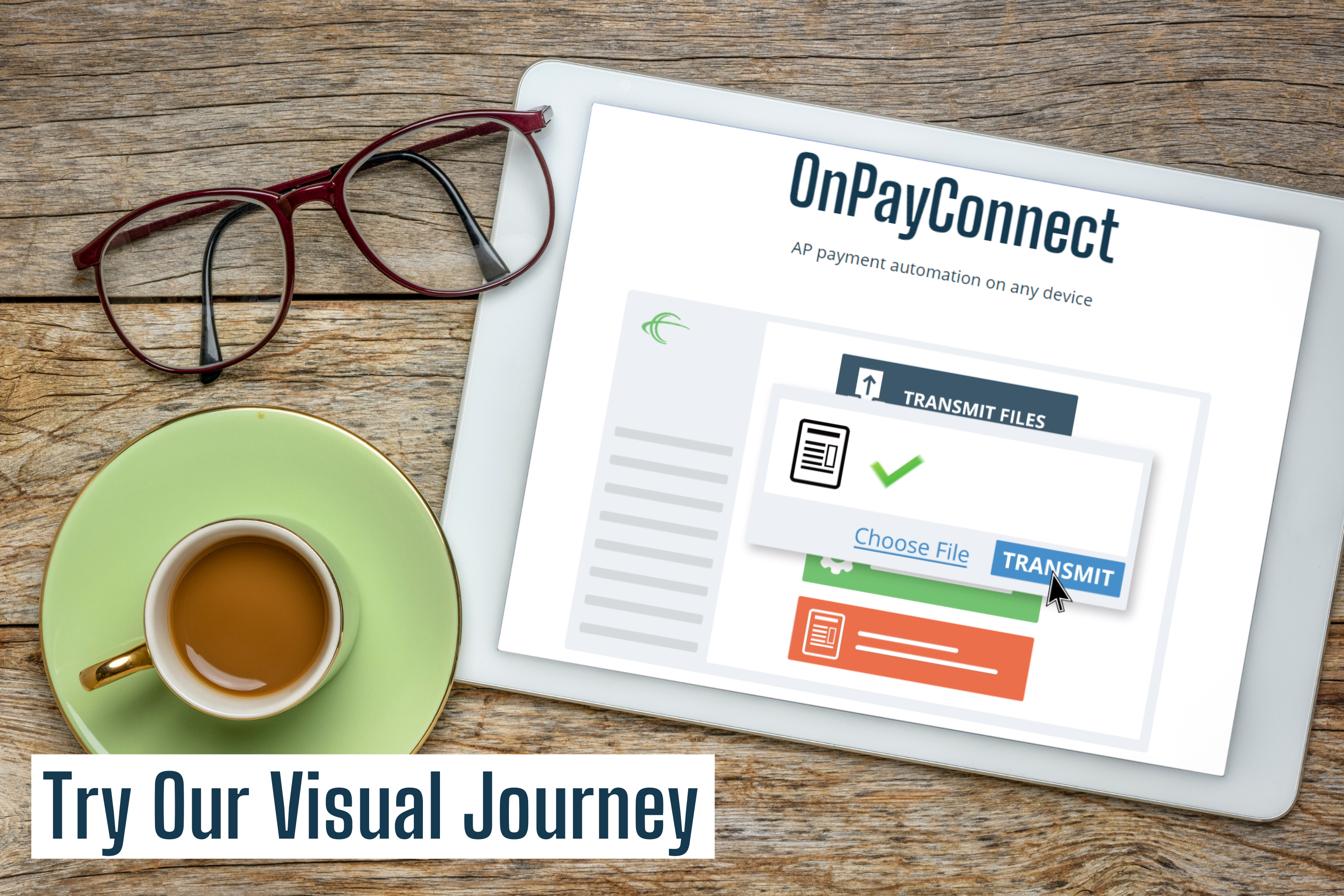 digital tablet with screen showing onpayconnect payment automation software visual journey