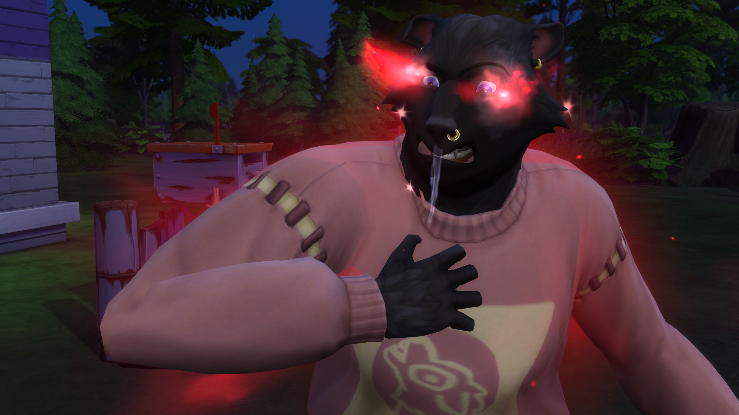 The Sims 4 Werewolves - Un Sim lupo mannaro con la pelliccia nera ha occhi rossi luminosi e arrabbiati pieni di rabbia e bava mentre indossa un maglione rosa.