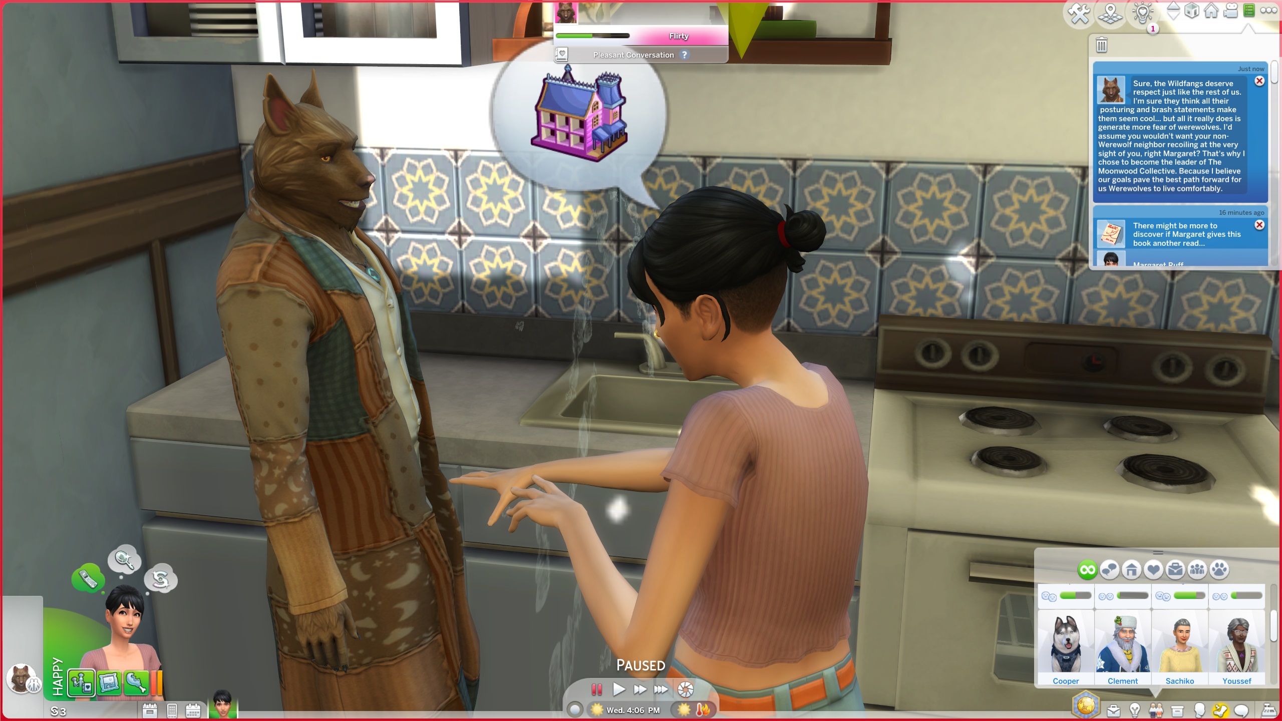 Los Sims 4 Hombres lobo: un Sim hablando con Kristopher, el hombre lobo, en una cocina.