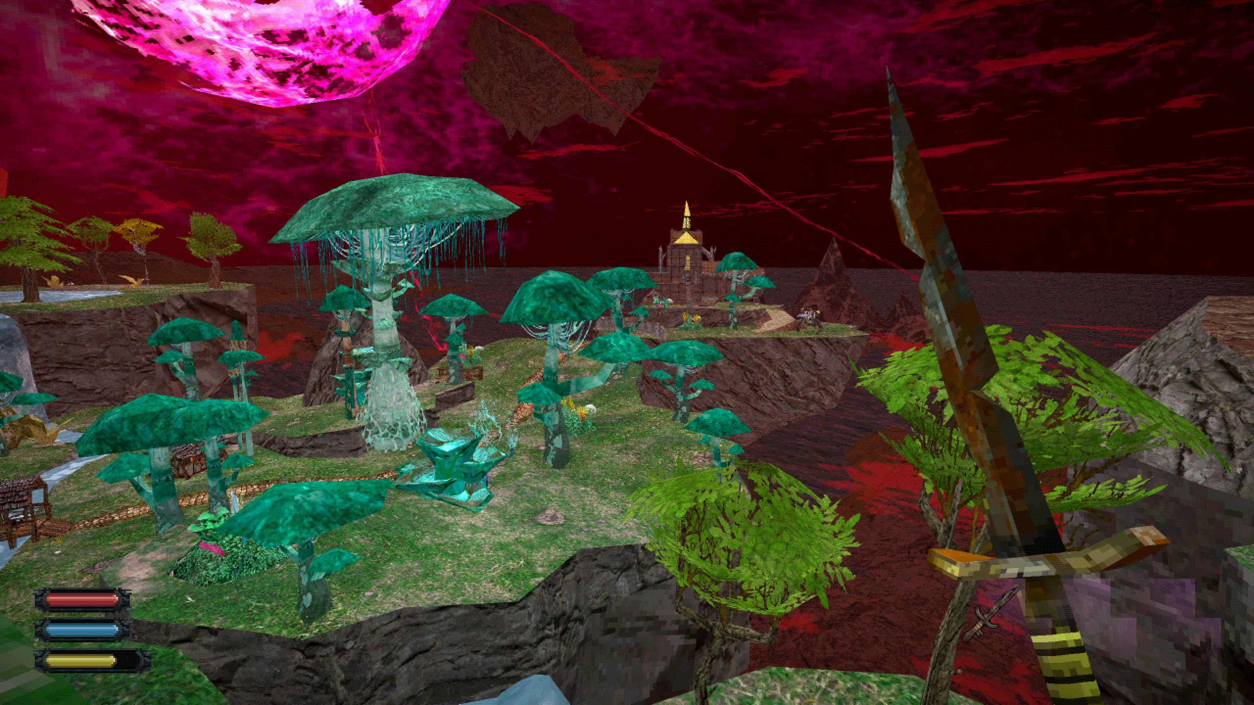 vista del paesaggio alieno con funghi verde acqua in temuta illusione