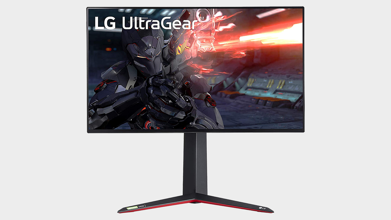 LG Ultragear 27GN950-B dengan latar belakang abu-abu
