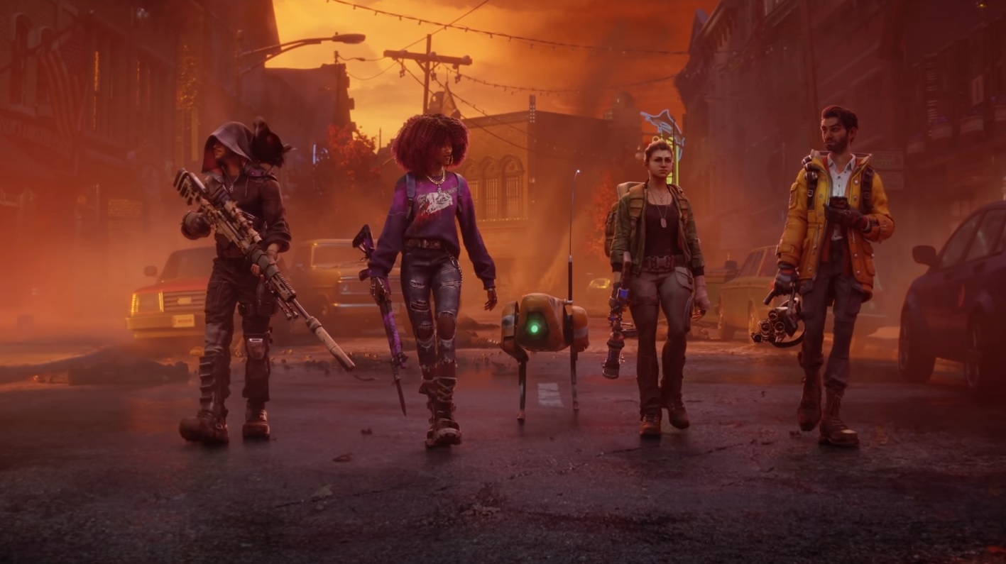 Redfall - أربع شخصيات تمشي دون طريق مدينة مدمرة تحمل أسلحة مع رفيق روبوت صغير.