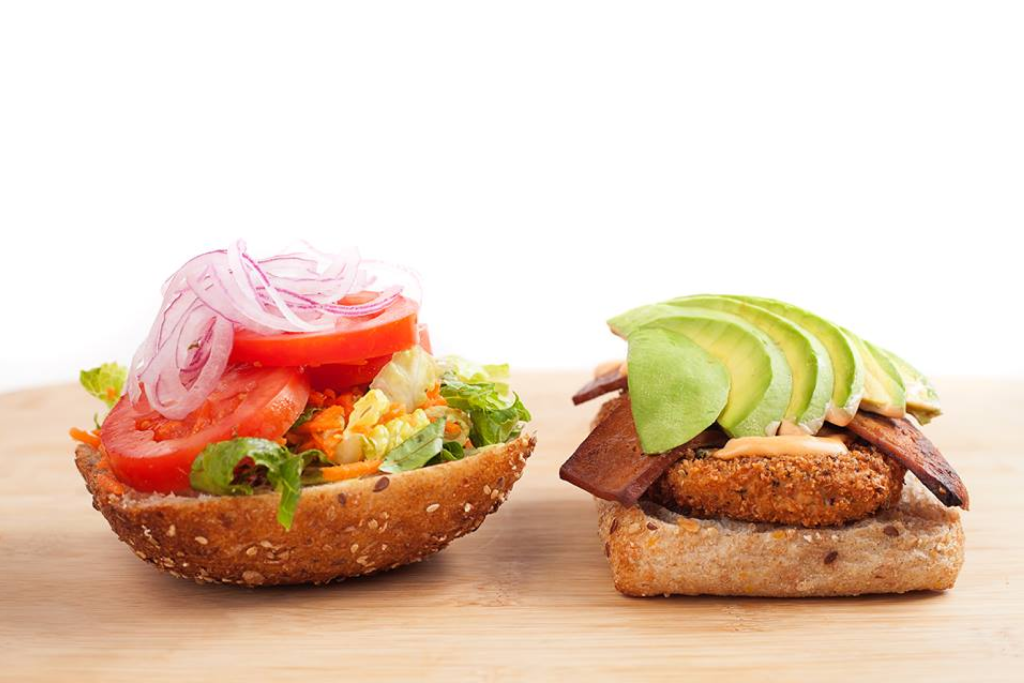 two slices of bread with tomato, onion, avocado. Fundraising Restaurants In Chicago 