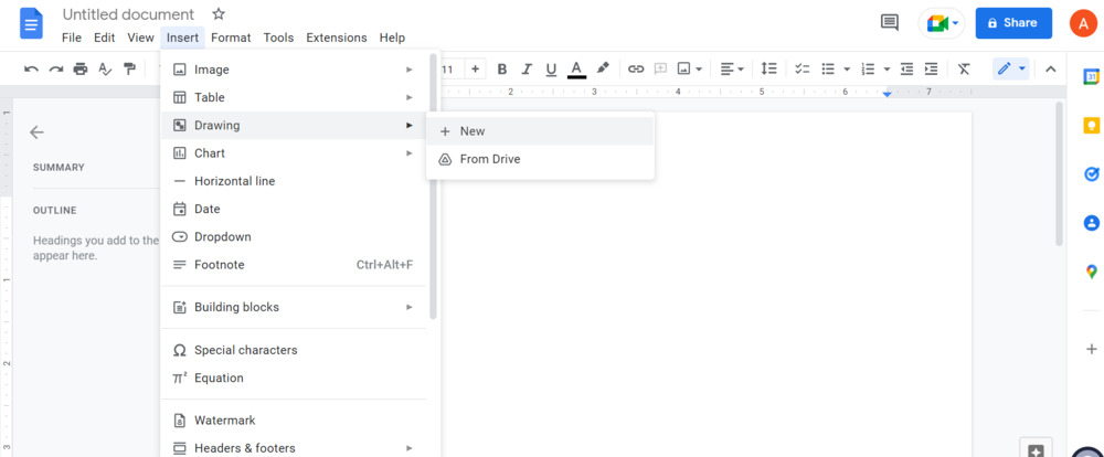 Captură de ecran cu adăugarea unui nou Desen în Google Docs.