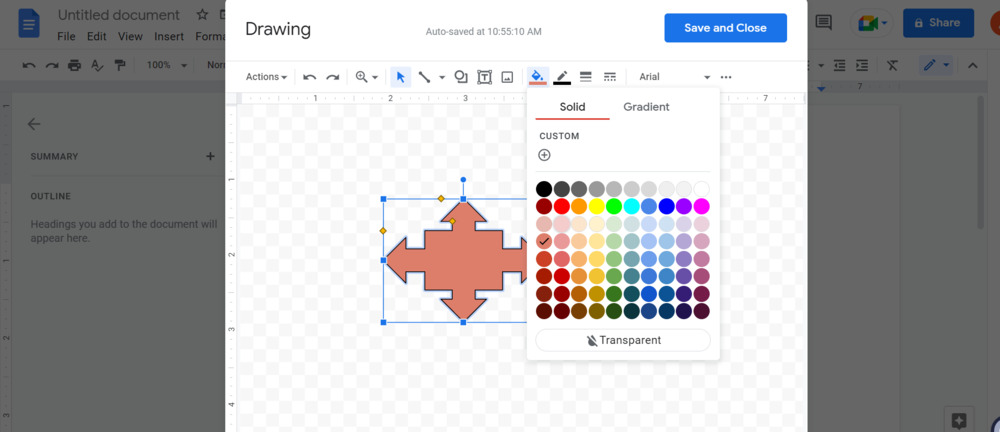 Screenshot della personalizzazione di un disegno in Google Docs.