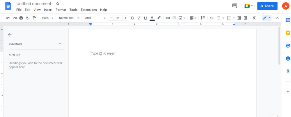 Captură de ecran a unui document nou în Google Docs.