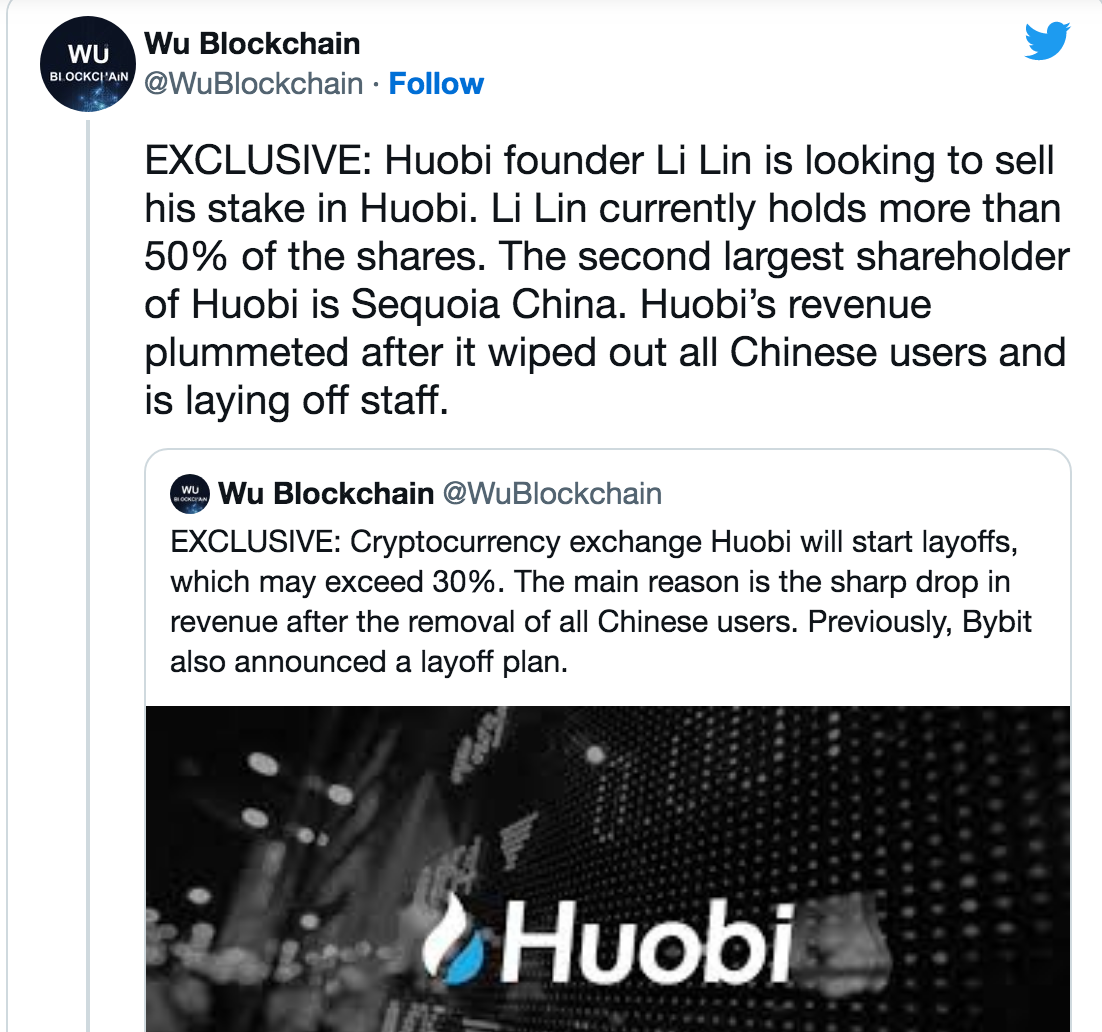 Huobin perustaja Li Lin myy osuutensa salausmarkkinoiden romahduksen keskellä, PlatoBlockchain Data Intelligence. Pystysuuntainen haku. Ai.