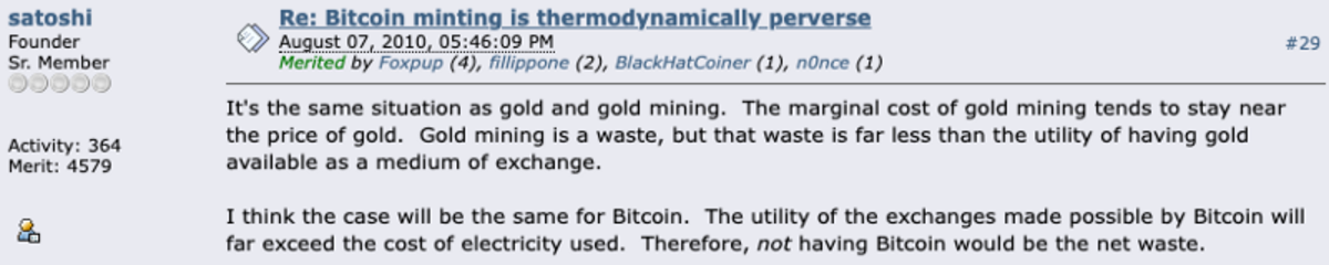 Satoshi Nakamoto sobre os custos da mineração bitcoin fórum de discussão de bitcoin