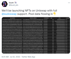 Uniswap για ενσωμάτωση του Sudoswap για πρόσβαση σε βαθύτερη ρευστότητα NFT στην ευφυΐα δεδομένων PlatoBlockchain. Κάθετη αναζήτηση. Ολα συμπεριλαμβάνονται.
