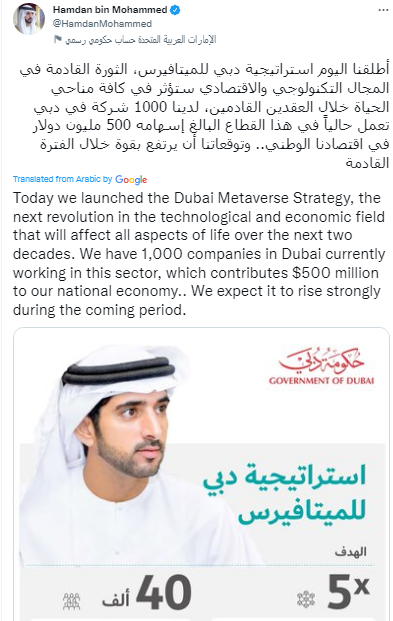Dubain kruununprinssi lanseeraa Metaverse-strategian – Blockchain- ja Metaverse-yritysten määrä kasvaa viisinkertaiseksi