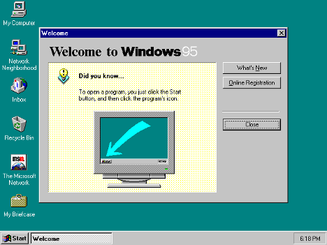 ونڈوز 95 اسکرین میں خوش آمدید