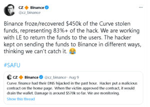 Binance กู้คืนเงินทุนที่ถูกขโมยเกือบทั้งหมดจาก Curve Finance PlatoBlockchain Data Intelligence ค้นหาแนวตั้ง AI.
