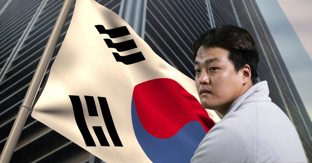 Image de Do Kwon superposé devant le drapeau sud-coréen