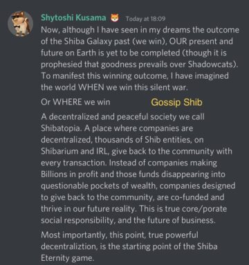 Shiba Inu dzieli się bardziej interesującymi szczegółami na temat Shiba Eternity, mówi, że 5% zysku z gry zostanie spalone PlatoBlockchain Data Intelligence. Wyszukiwanie pionowe. Aj.