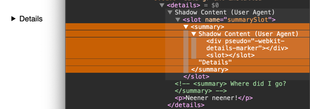 DevTools terbuka dengan markup ringkasan yang disorot dalam warna oranye.
