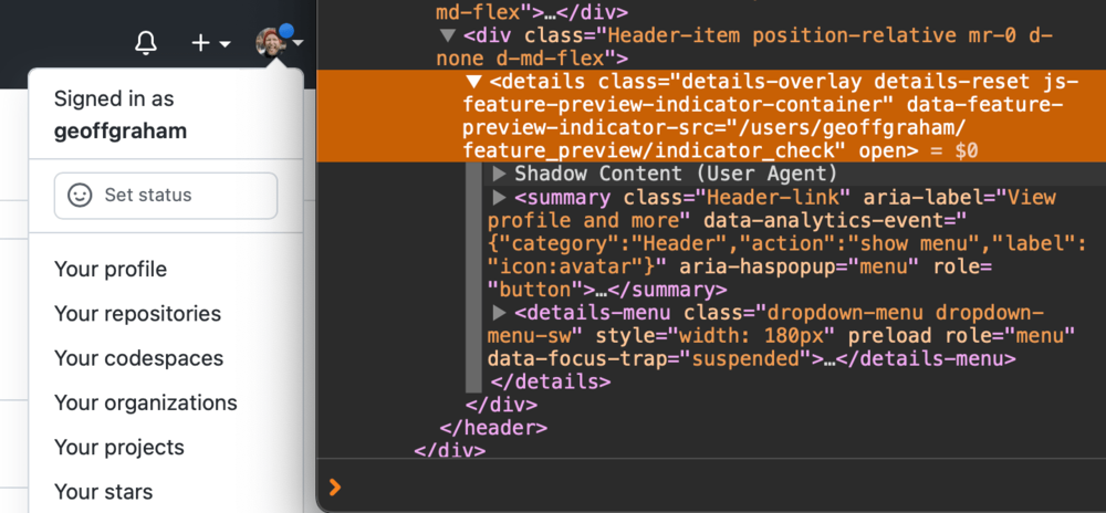 DevTools öppnas med detaljelementet markerat i orange.