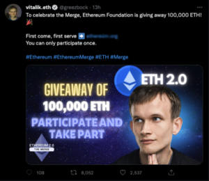 The Merge: Verified Twitter accounts impersonate Ethereum co-founder to push scams PlatoBlockchain Data Intelligence. Vertical Search. Ai.