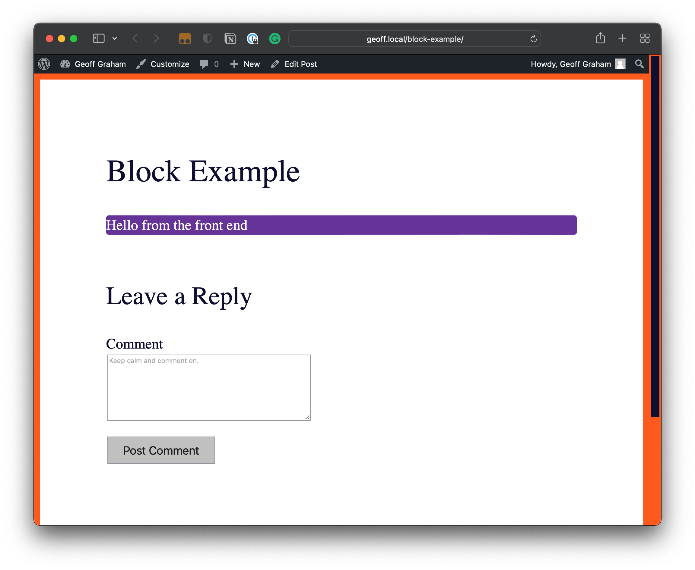pullquote 블록은 검정색 텍스트 뒤에 레베카 보라색 배경이 적용된 프런트 엔드를 이온화합니다.