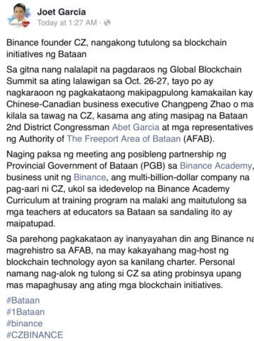 Bataan kormányzója megvizsgálja a lehetséges partnerséget a Binance PlatoBlockchain Data Intelligence-szel. Függőleges keresés. Ai.