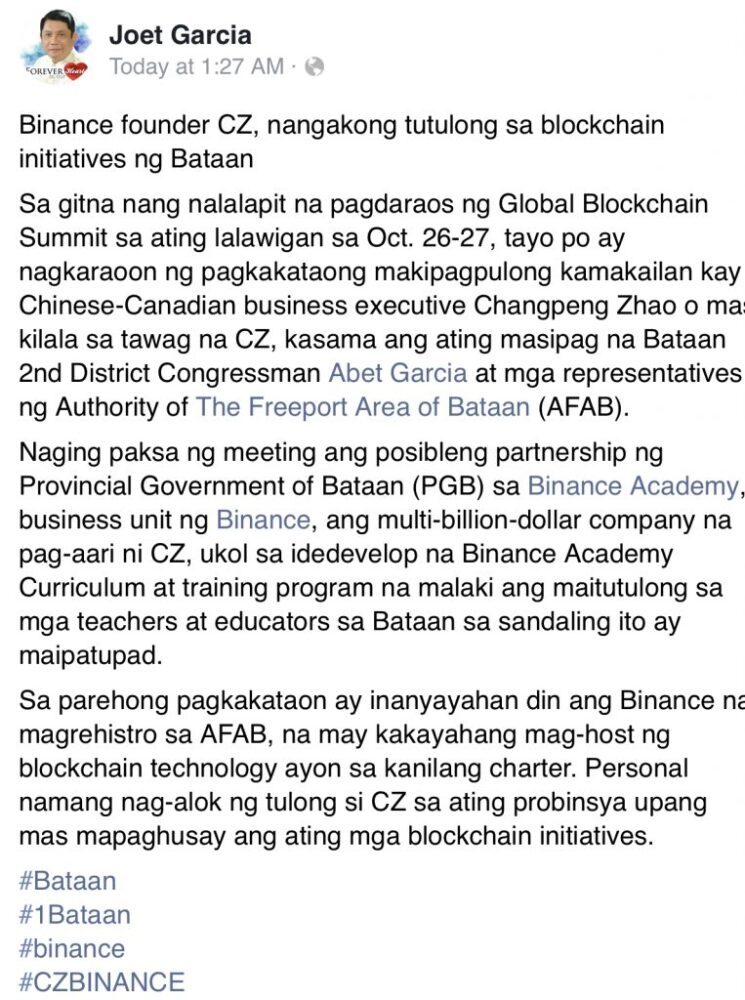 Bataan-guvernören undersöker möjliga partnerskap med Binance PlatoBlockchain Data Intelligence. Vertikal sökning. Ai.