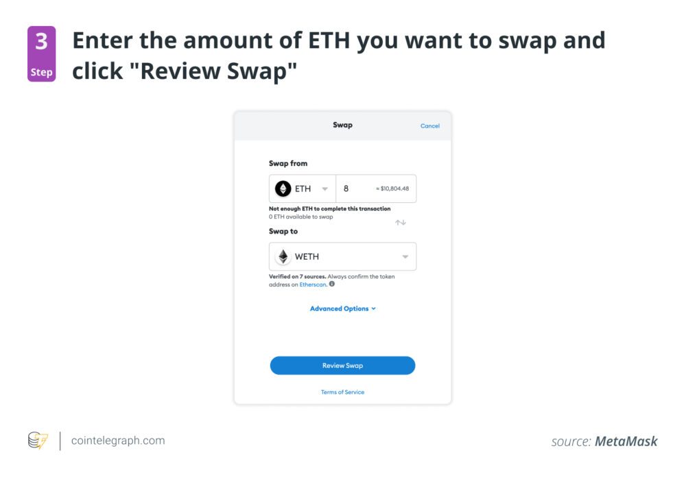 Entrez le montant d'ETH que vous souhaitez échanger et cliquez sur Review Swap