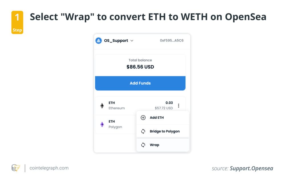 مرحلہ 1: OpenSea پر ETH کو WETH میں تبدیل کرنے کے لیے Wrap کو منتخب کریں۔