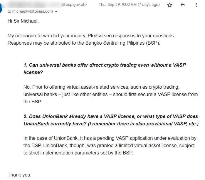 [เอกสิทธิ์] BSP ให้สิทธิ์ใช้งาน PlatoBlockchain Data Intelligence ของ UnionBank 'Limited' VASP (Crypto Exchange) ค้นหาแนวตั้ง AI.