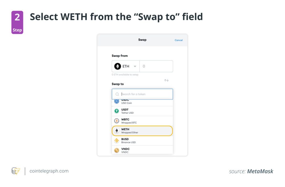 مرحله 2: WETH را از قسمت "Swap to" انتخاب کنید
