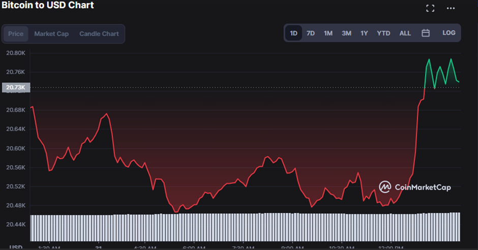 1-dniowy wykres cen BTC/USD (Źródło: CoinMarketCap)