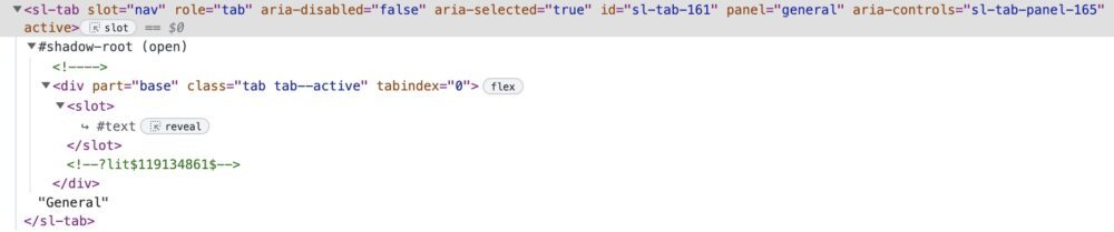 The tabs component markup shown in DevTools.