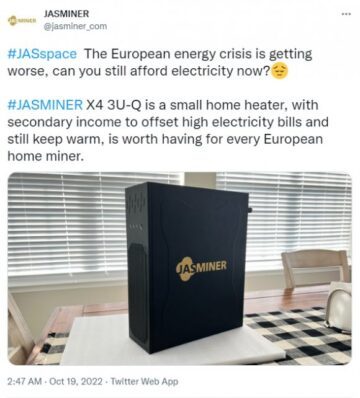 ASIC Miners Getting Advertised as Home Heaters for European Miners JASMINER X4 MINI PlatoBlockchain Data Intelligence. Vertical Search. Ai.