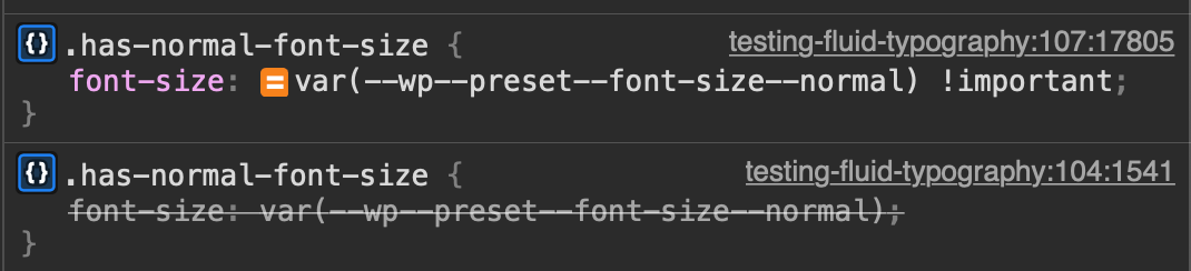 DevTools, der viser egenskaben for den tilpassede skriftstørrelse for WordPress Paragraph-blokkens flydende typografi.