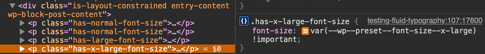 DevTools의 초대형 글꼴 설정에 대한 글꼴 크기 사용자 정의 속성을 표시합니다.