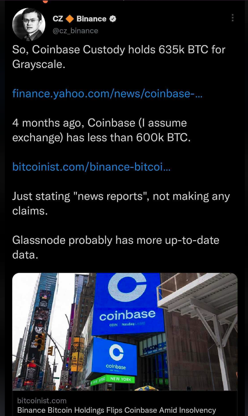 Crypto Twitter reaguje na usunięty tweet dyrektora generalnego Binance na temat Bitcoin Holdings PlatoBlockchain Data Intelligence należącej do Coinbase. Wyszukiwanie pionowe. AI.