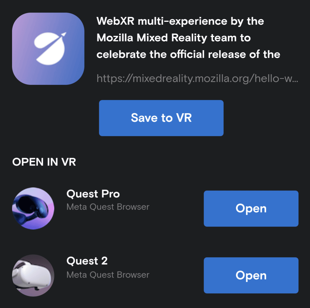 Websites Can Now Add A Link To Launch A WebXR Experience Onto Your Quest PlatoBlockchain Data Intelligence. Vertical Search. Ai.