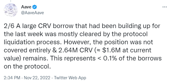 Aave での大規模な CRV 取引は、1.6 万ドルの不良債権 PlatoBlockchain Data Intelligence でマネー マーケットを去ります。 垂直検索。 あい。
