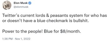ایلان ماسک می‌گوید توییتر ماهانه 8 دلار برای تأیید علامت آبی دریافت می‌کند – برنامه‌هایی برای پاداش دادن به سازندگان محتوا – بیت‌کوین نیوز PlatoBlockchain Data Intelligence. جستجوی عمودی Ai.