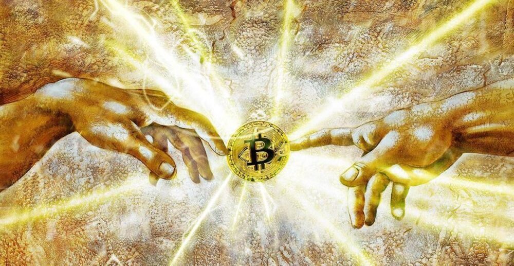 bitcoin e a ascensão da arte digital dois dedos tocando bitcoin