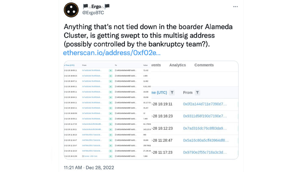 Onchain Sleuths Discover Funds Linked to Alameda Swapped for ETH, USDT, BTC by a Mysterious Entity FTX Accounts Drainer PlatoBlockchain Data Intelligence. Vertical Search. Ai.
