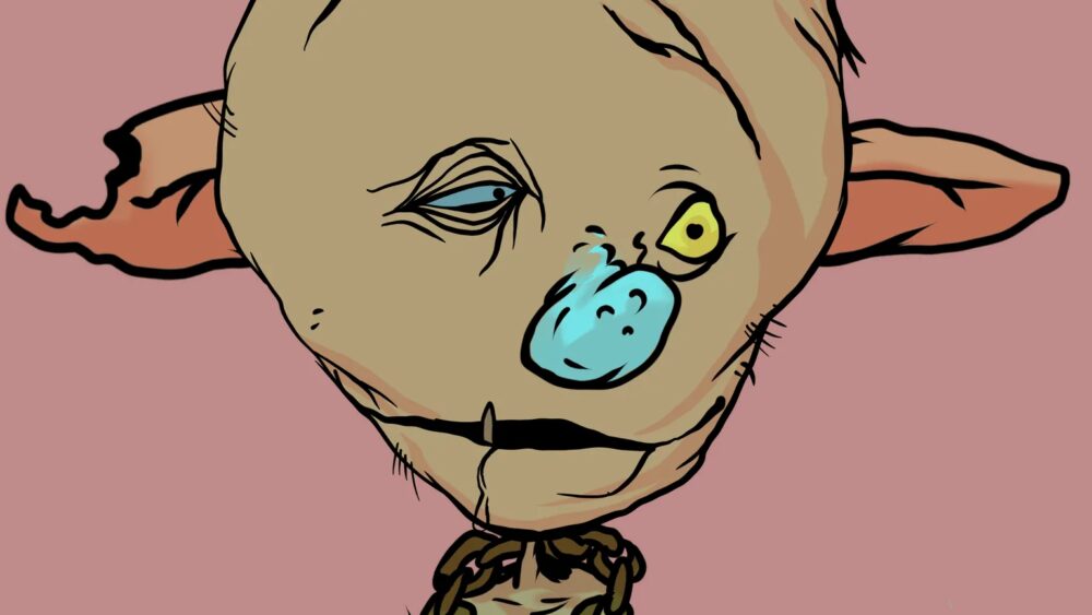 Illustrazione ravvicinata del volto di un goblin. Molto brutto. Naso blu, occhi pigri ed espressione sbavante.