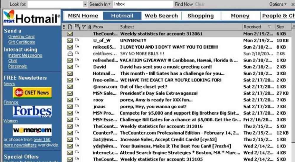 L'interfaccia originale di Hotmail.