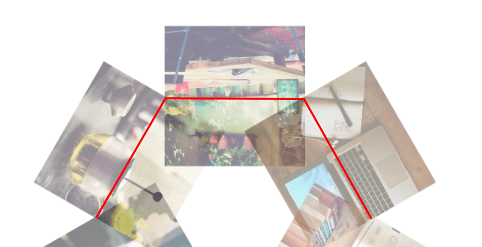 छवियों के केंद्र बिंदु के माध्यम से चलने वाली एक लाल रेखा के साथ एक सर्कल में फ्लैट व्यवस्थित छवियों के ढेर को दिखा रहा है।