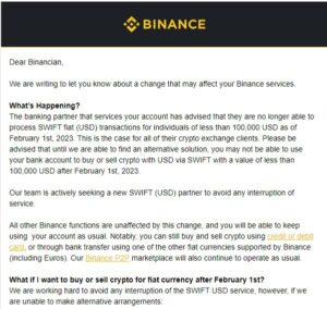 Der SWIFT-Bankpartner von Binance verbietet USD-Überweisungen unter 100 US-Dollar